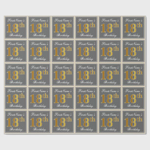 Elegant, Gray, Faux Gold 18th Birthday + Name Wrapping Paper