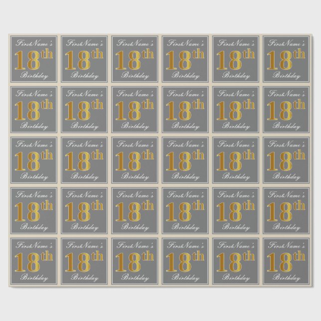 Elegant, Gray, Faux Gold 18th Birthday + Name Wrapping Paper (Flat)