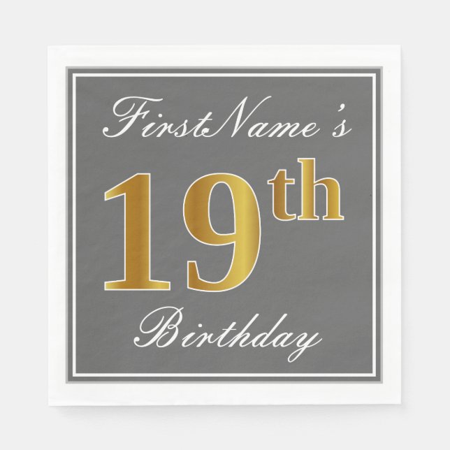 Elegant Gray, Faux Gold 19th Birthday; Custom Name Napkins (Front)