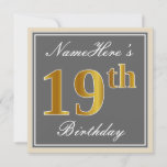 [ Thumbnail: Elegant, Gray, Faux Gold 19th Birthday + Name Invitation ]