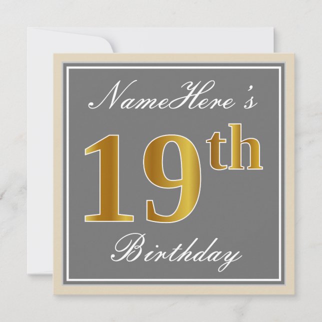 Elegant, Gray, Faux Gold 19th Birthday + Name Invitation (Front)