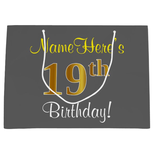 Elegant, Gray, Faux Gold 19th Birthday + Name Large Gift Bag (Front)