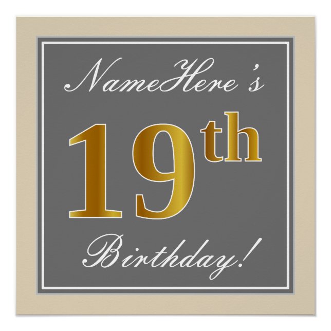 Elegant, Gray, Faux Gold 19th Birthday + Name Poster (Front)