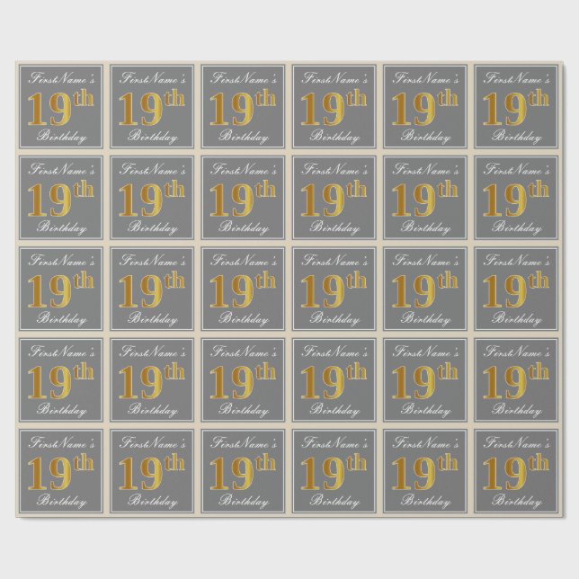 Elegant, Gray, Faux Gold 19th Birthday + Name Wrapping Paper (Flat)