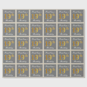 Elegant, Gray, Faux Gold 19th Birthday + Name Wrapping Paper