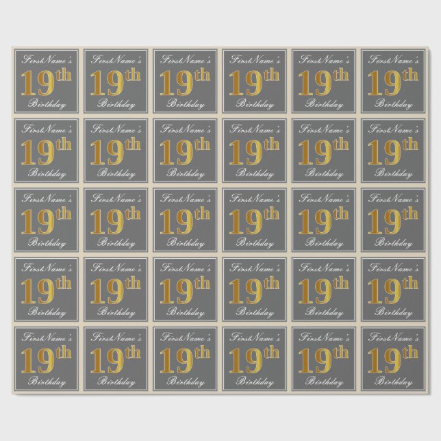 Elegant, Gray, Faux Gold 19th Birthday + Name Wrapping Paper (Flat)