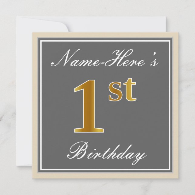 Elegant, Gray, Faux Gold 1st Birthday; Custom Name Invitation (Front)