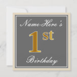 [ Thumbnail: Elegant, Gray, Faux Gold 1st Birthday; Custom Name Invitation ]