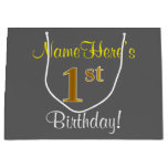 [ Thumbnail: Elegant, Gray, Faux Gold 1st Birthday; Custom Name Gift Bag ]