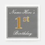 [ Thumbnail: Elegant Gray, Faux Gold 1st Birthday + Custom Name Napkins ]