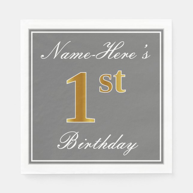 Elegant Gray, Faux Gold 1st Birthday + Custom Name Paper Napkins (Front)
