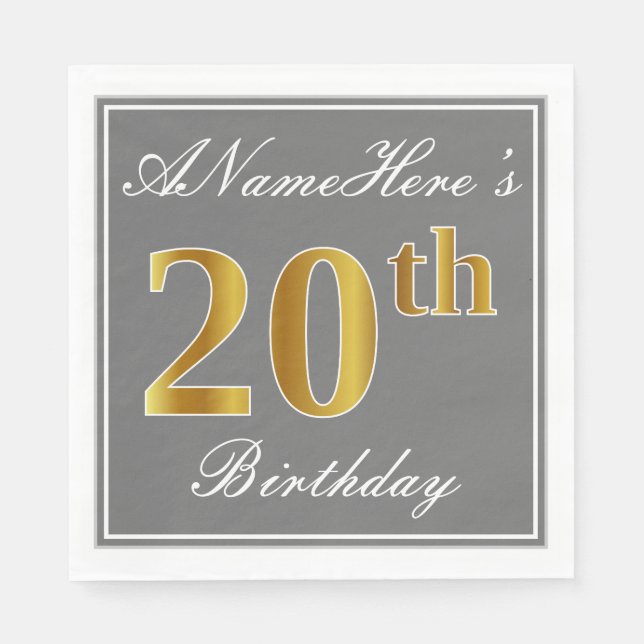 Elegant Gray, Faux Gold 20th Birthday; Custom Name Paper Napkins (Front)