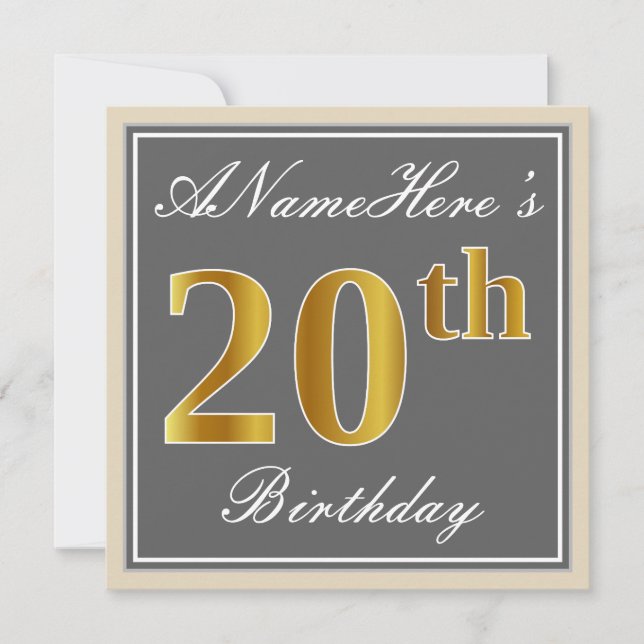 Elegant, Gray, Faux Gold 20th Birthday + Name Invitation (Front)