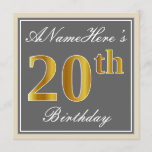 [ Thumbnail: Elegant, Gray, Faux Gold 20th Birthday + Name Invitation ]