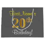 [ Thumbnail: Elegant, Gray, Faux Gold 20th Birthday + Name Gift Bag ]