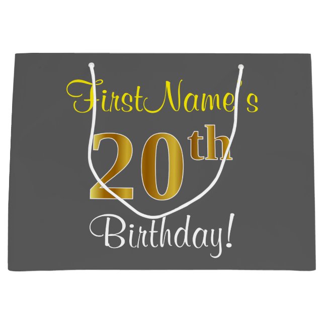 Elegant, Gray, Faux Gold 20th Birthday + Name Large Gift Bag (Front)