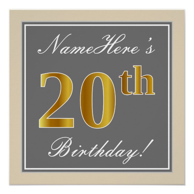 Elegant, Gray, Faux Gold 20th Birthday + Name Poster (Front)