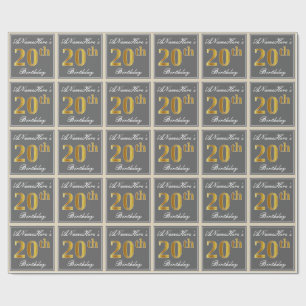 Elegant, Gray, Faux Gold 20th Birthday + Name Wrapping Paper