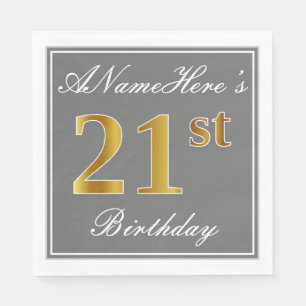 Elegant Gray, Faux Gold 21st Birthday; Custom Name Napkins