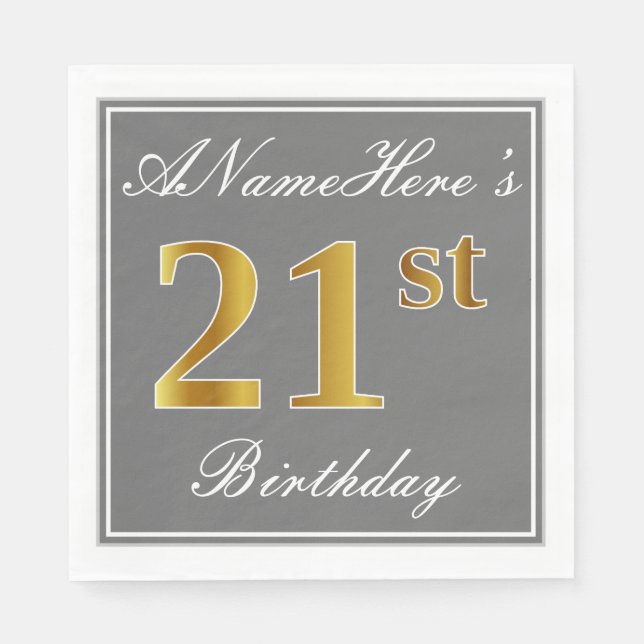 Elegant Gray, Faux Gold 21st Birthday; Custom Name Napkins (Front)