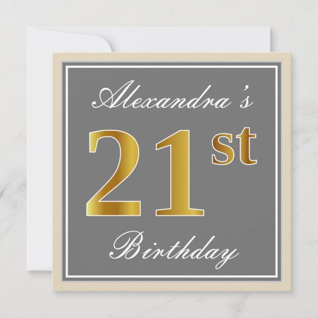 Elegant, Gray, Faux Gold 21st Birthday + Name Invitation (Front)
