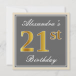 [ Thumbnail: Elegant, Gray, Faux Gold 21st Birthday + Name Invitation ]