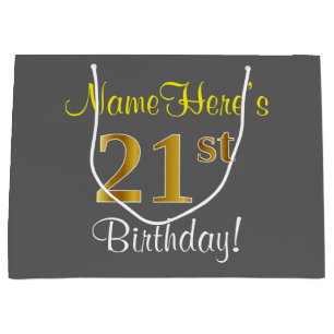 Elegant, Gray, Faux Gold 21st Birthday + Name Large Gift Bag