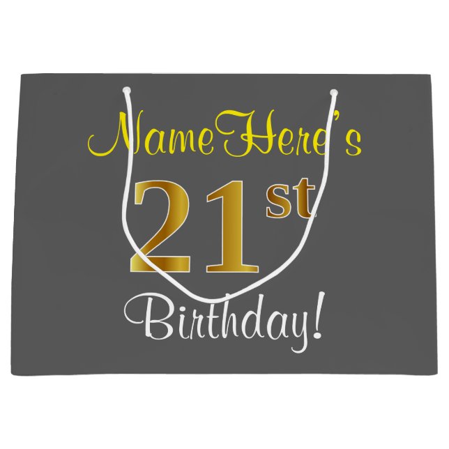 Elegant, Gray, Faux Gold 21st Birthday + Name Large Gift Bag (Front)