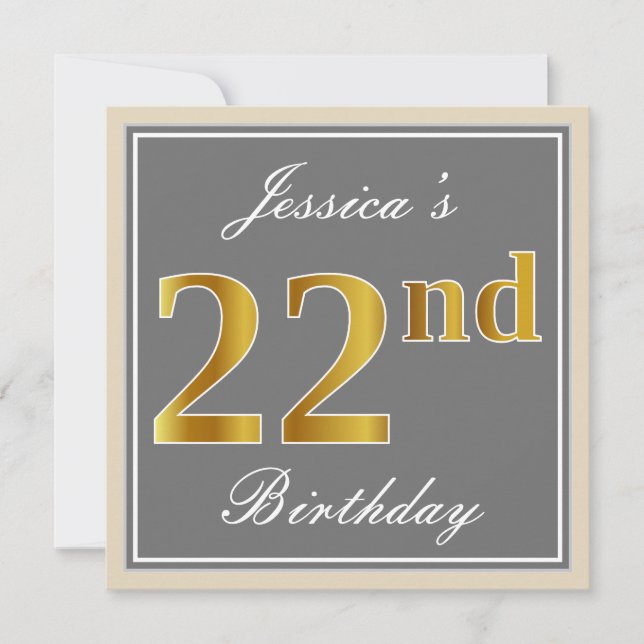 Elegant, Gray, Faux Gold 22nd Birthday + Name Invitation (Front)