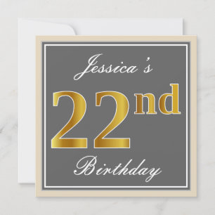 Elegant, Gray, Faux Gold 22nd Birthday + Name Invitation