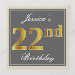 [ Thumbnail: Elegant, Gray, Faux Gold 22nd Birthday + Name Invitation ]