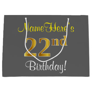 Elegant, Gray, Faux Gold 22nd Birthday + Name Large Gift Bag