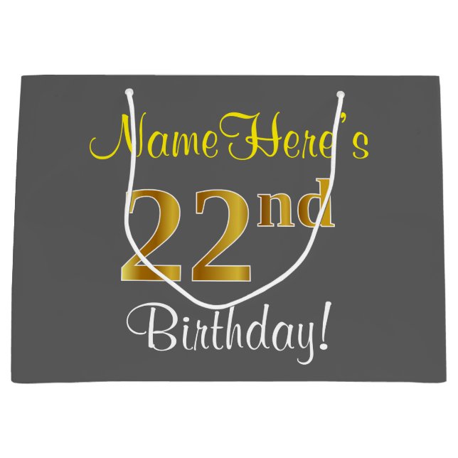 Elegant, Gray, Faux Gold 22nd Birthday + Name Large Gift Bag (Front)
