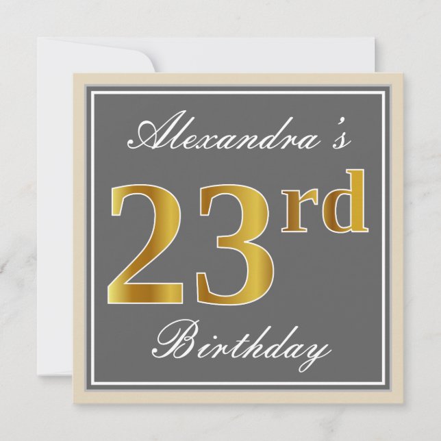 Elegant, Gray, Faux Gold 23rd Birthday + Name Invitation (Front)