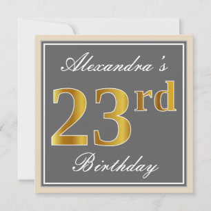 Elegant, Gray, Faux Gold 23rd Birthday + Name Invitation