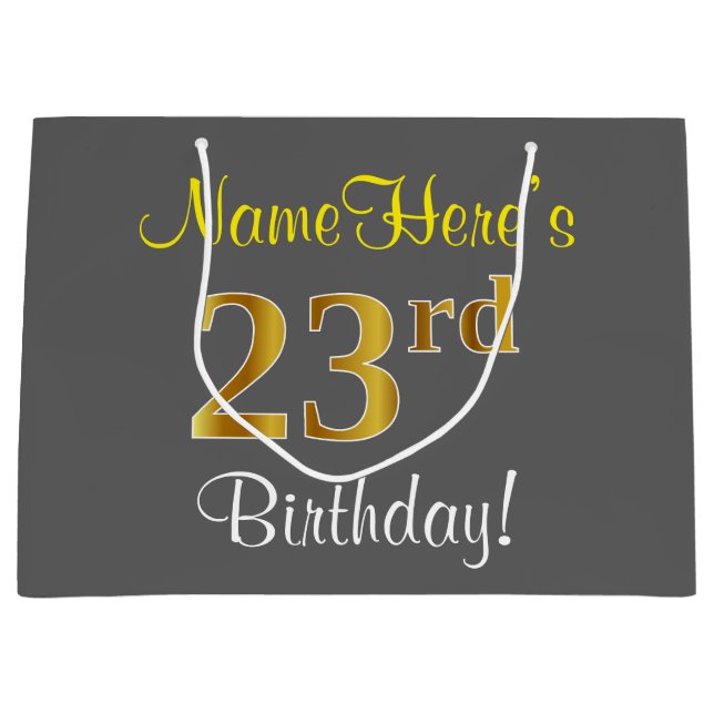 Elegant, Gray, Faux Gold 23rd Birthday + Name Large Gift Bag (Front)