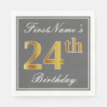 [ Thumbnail: Elegant Gray, Faux Gold 24th Birthday; Custom Name Napkins ]