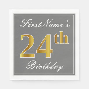 Elegant Gray, Faux Gold 24th Birthday; Custom Name Napkins