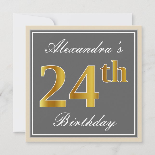Elegant, Gray, Faux Gold 24th Birthday + Name Invitation (Front)