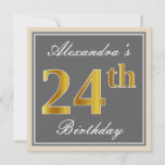 [ Thumbnail: Elegant, Gray, Faux Gold 24th Birthday + Name Invitation ]