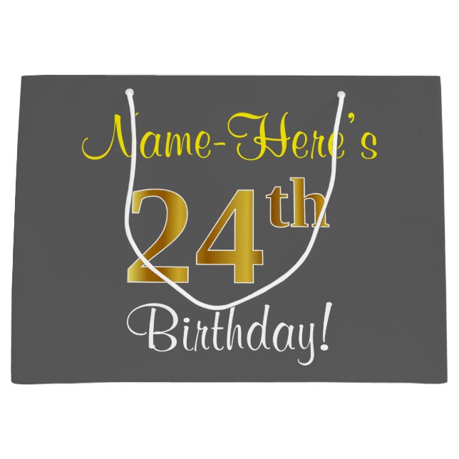 Elegant, Gray, Faux Gold 24th Birthday + Name Large Gift Bag (Front)