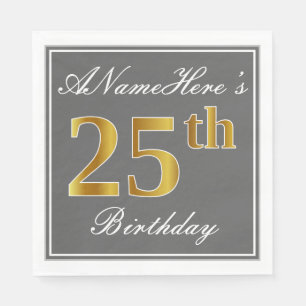 Elegant Gray, Faux Gold 25th Birthday; Custom Name Napkins