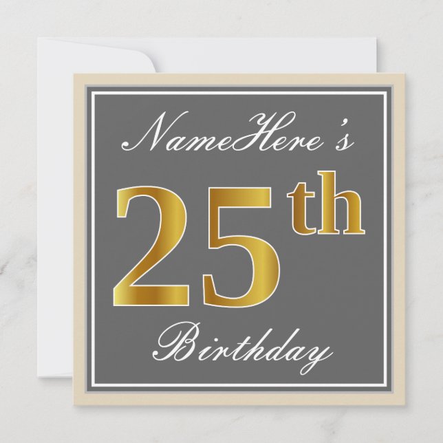 Elegant, Gray, Faux Gold 25th Birthday + Name Invitation (Front)