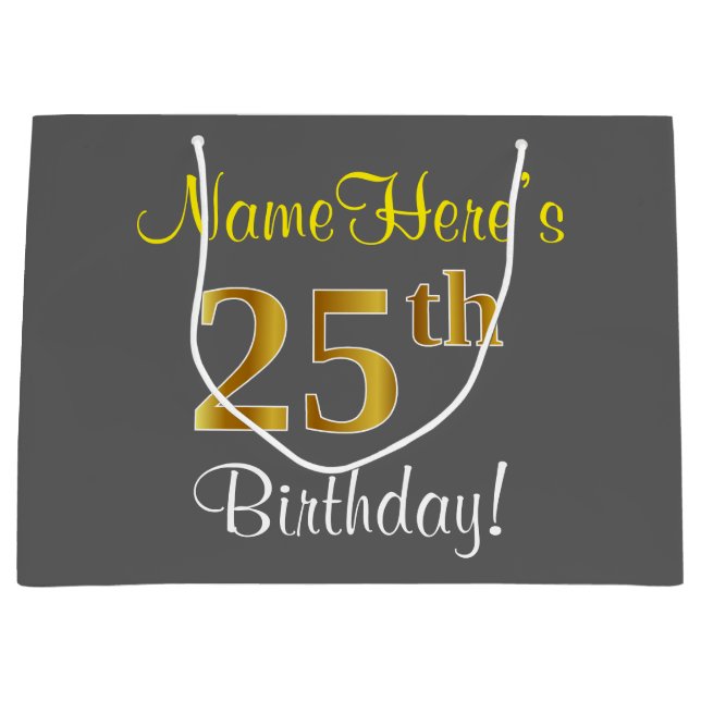 Elegant, Gray, Faux Gold 25th Birthday + Name Large Gift Bag (Front)