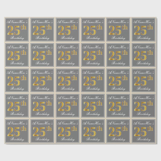 Elegant, Gray, Faux Gold 25th Birthday + Name Wrapping Paper (Flat)