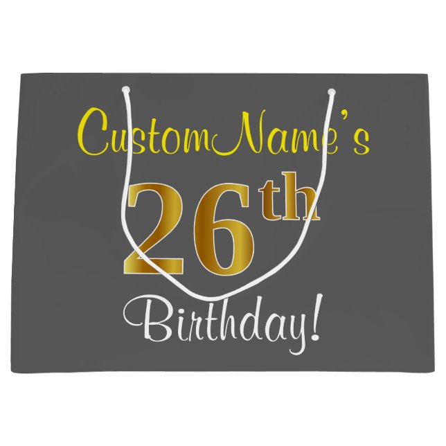 Elegant, Gray, Faux Gold 26th Birthday + Name Large Gift Bag (Front)