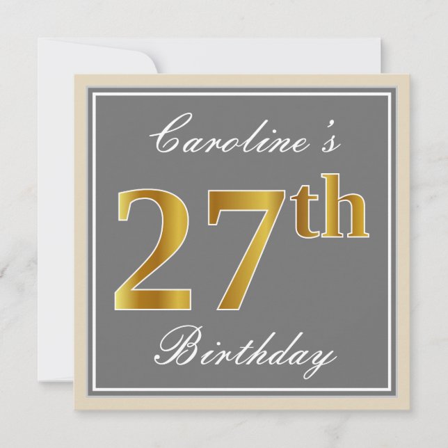 Elegant, Gray, Faux Gold 27th Birthday + Name Invitation (Front)