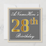 [ Thumbnail: Elegant, Gray, Faux Gold 28th Birthday + Name Invitation ]