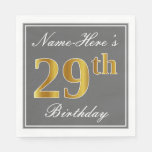 [ Thumbnail: Elegant Gray, Faux Gold 29th Birthday; Custom Name Napkins ]