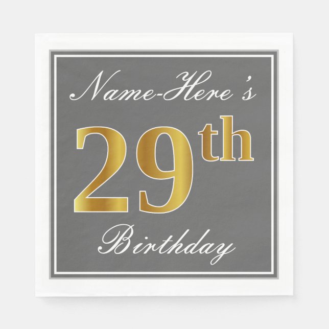 Elegant Gray, Faux Gold 29th Birthday; Custom Name Napkins (Front)